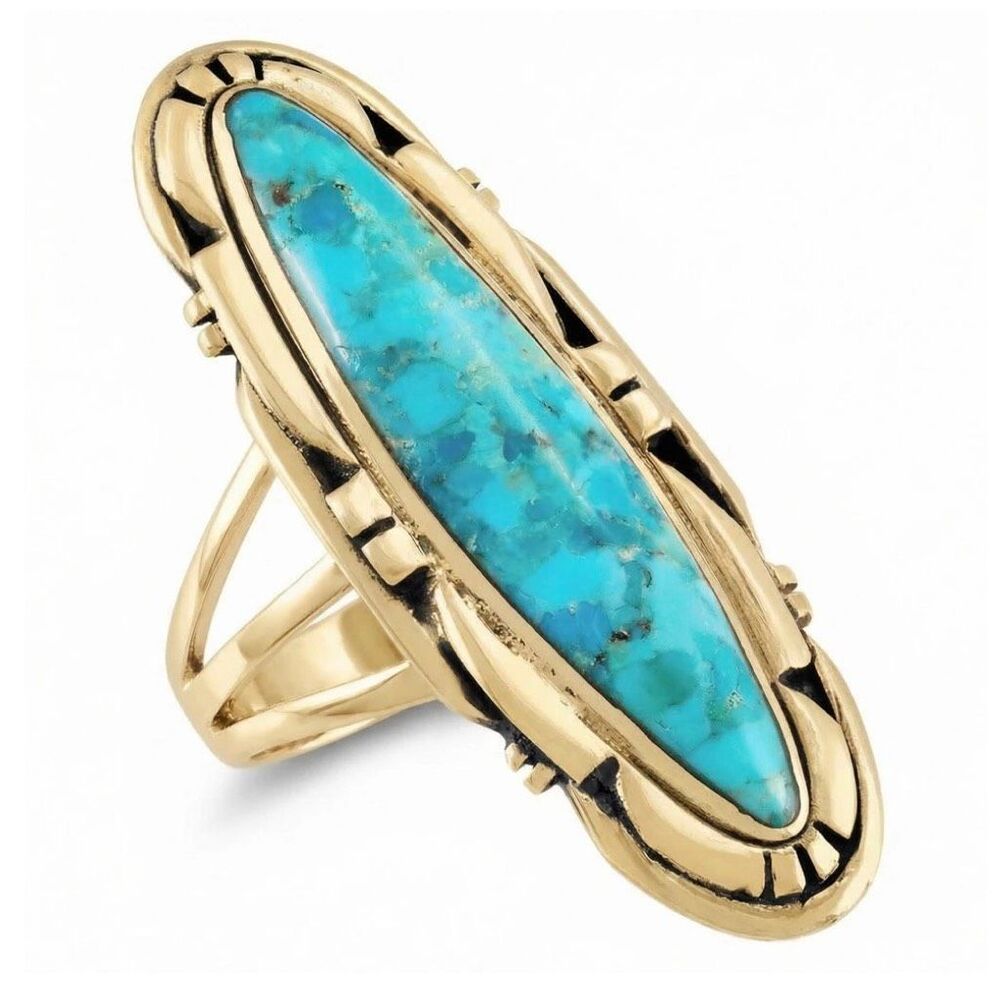 Vintage Style Gold Turquoise Ring • Oval Stone • Southwest Boho Jewelry Size 7